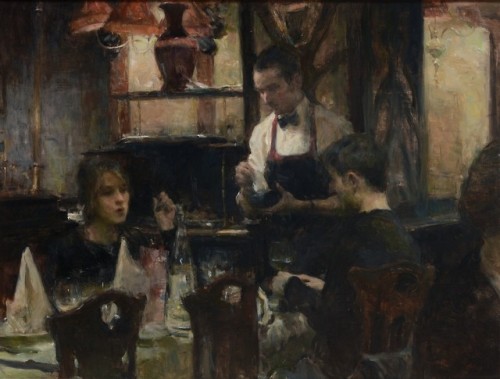 Dinner Discussion    -    Ron HicksAmerican,b.1965-Oil on canvas, 30 x 40 in.