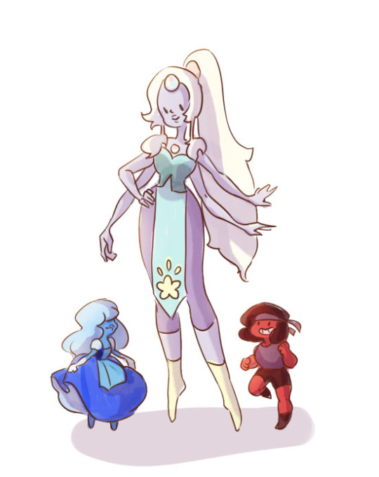 stardustmote:  You know what would be really fun? A Steven Universe episode where instead of Garnet, Amethyst and Pearl we had Opal, Sapphire and Ruby.Just picture it for a moment. Sapphire and Ruby are so tiny, they’re like, Steven’s height. And