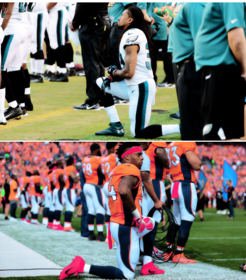 striveforgreatnessss:Players across NFL kneel or raise their fists during the playing of the national anthem before their games to draw attention to police brutality against minorities and spur conversations about social justice. 