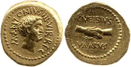 garland-on-thy-brow:Check out also these two, RRC 494/11 and RRC 494/12. Circa 42 bce. Antony and Oc
