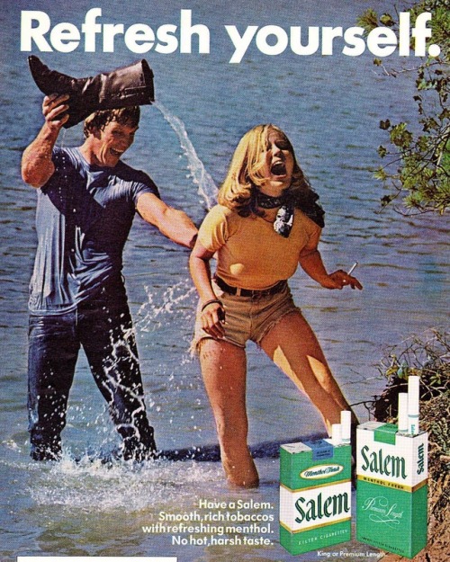 Salem, with a menthol taste as refreshing as a boot full of lake water! #80sads #vintageadshttps:/