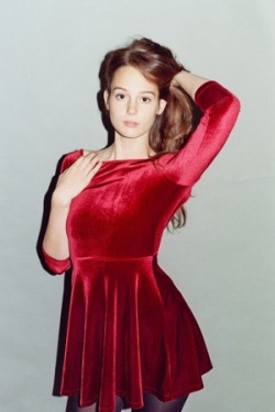 Americanapparel:  Lea In The Stretch Velvet Skater Dress And Opaque Pantyhose. 