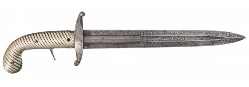 Unique double barrel percussion dagger pistol with etched blade, early to mid 19th century.Sold at a