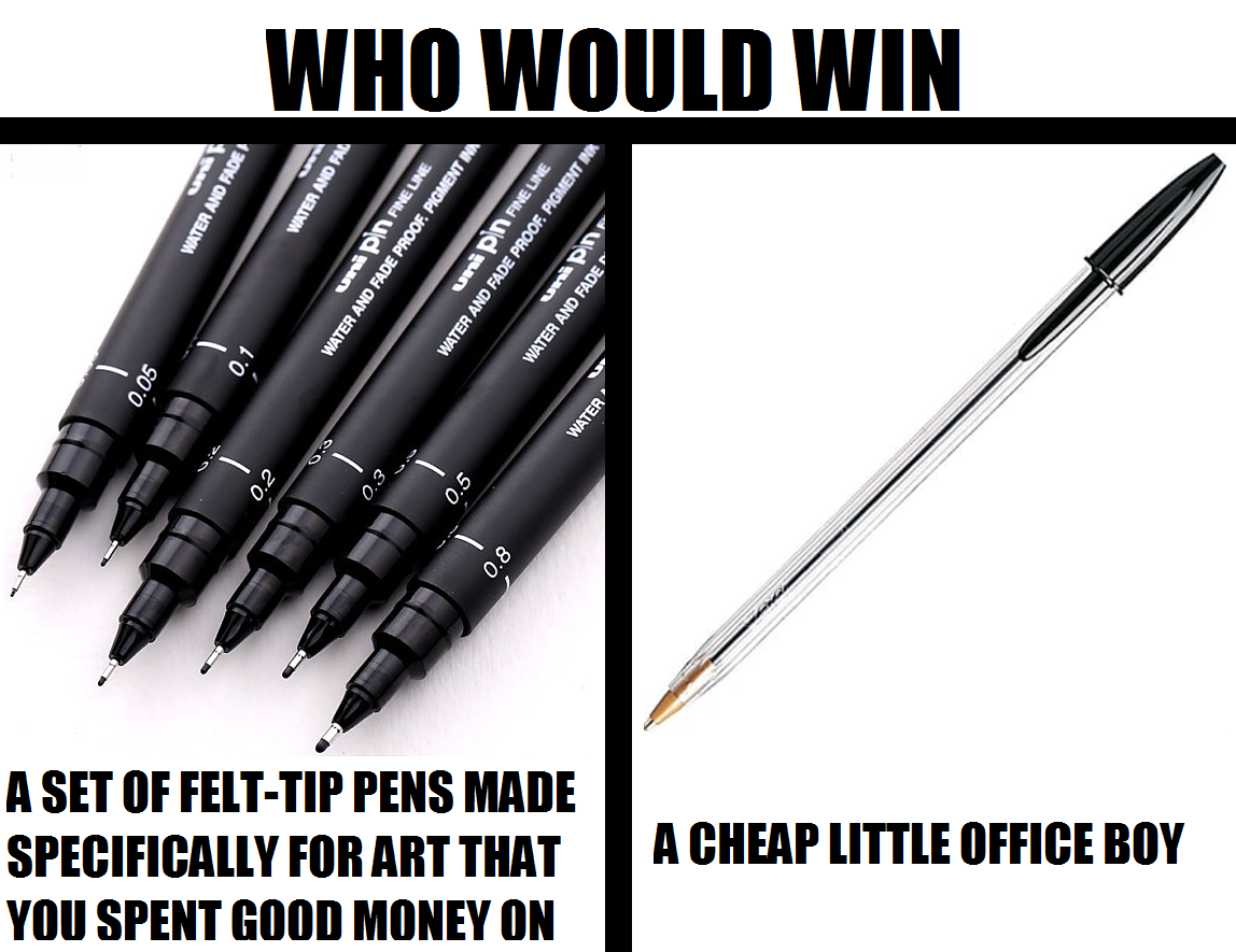 hazel0217:  Drawn with cheap little office boi (left) vs felt point set (right) @gingersducksandbubbles