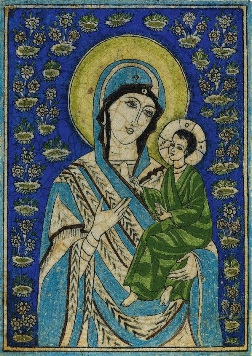 gentlewave:A Qajar Tile Featuring The Virgin Mary and Child, late 19th Century [Qajar Period], pos