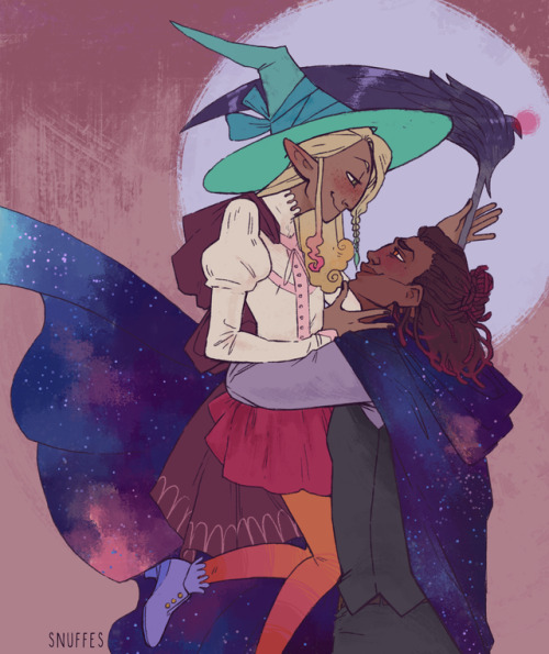[image description: a drawing of Kravitz, lifting Taako into the air as they  smile at each oth