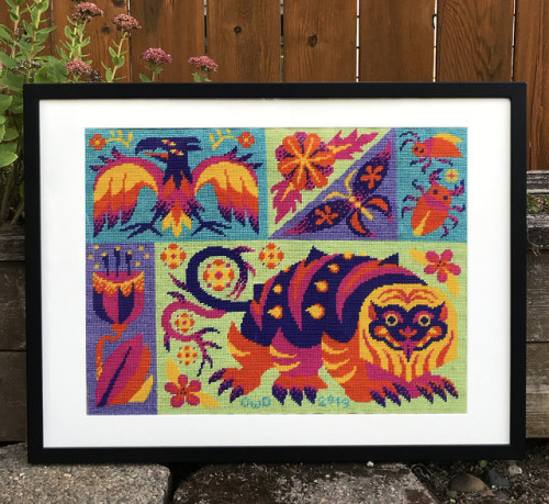 I finally took this big needlepoint piece out for a photoshoot! This is from my show Menagerie. 