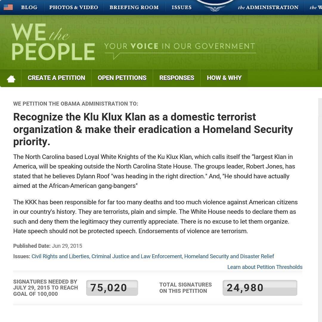 theprincessofthepants:
“slutpuppyyy:
“africanmelanin:
“dmc-dmc:
““Recognize the KluKluxKlan as a domestic terrorist organization & make their eradication a Homeland Security priority.” There are 24,980 signatures by far and 75,020 is...