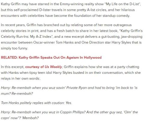 harry-styles-news:“Kathy Griffin Dishes On Hilariously Awkward Meeting Between Tom Hanks And Harry S