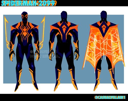 concept of my gabriella's spiderman-2099 suit, which is black with dark blue/orange-to-yellow markings. she has shoulder spikes and spurs. there's a front/back view and another back view to show her webbed holographic cape.