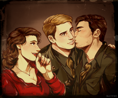 suitfer:i was commissioned by the lovely @stvenjames to draw steve/peggy/bucky cuteness in a photo b