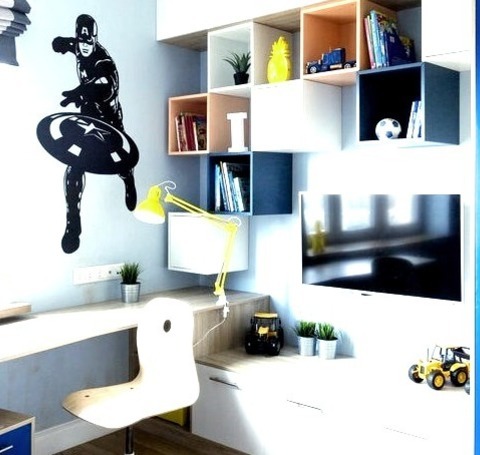 Contemporary KidsLarge Trendy Boy Medium Tone Wood Floor And Beige Floor Kids' Room Photo With Blue Walls