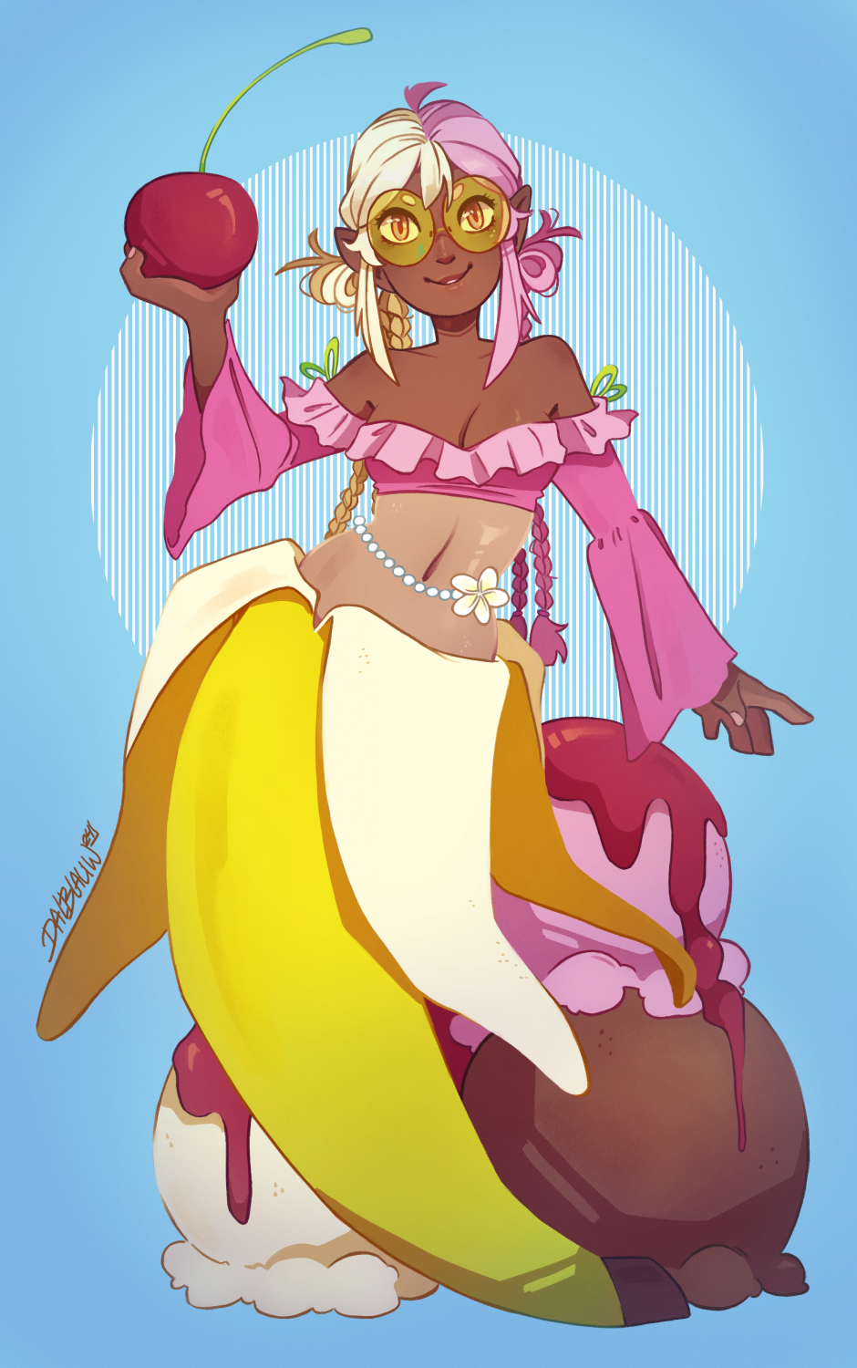 Illustration of a banana split sundae themed mermaid.