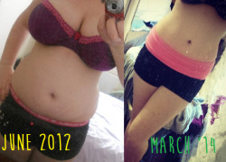 squats-and-salad:  I remember the wake up call for me was the day I took the photo on the left and saw those stretch marks on my belly… I looked pregnant. 30lbs, 7” from my waist down and stretch marks gone! Loving having my waist back. My boobs were