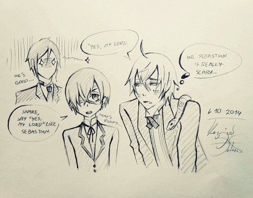 kuronekomiaau:  I love drawing Snake but he was so lonely so I drew Sebastian and Ciel too…