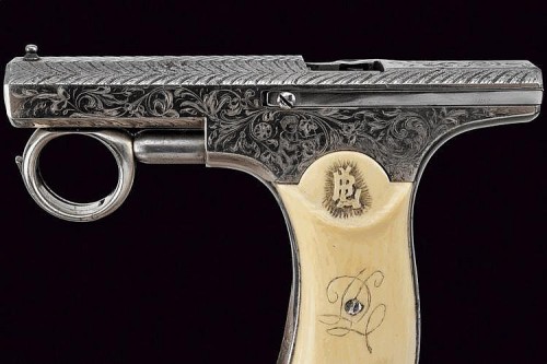 Rare ivory handled engraved Brun Latrige repeating pistol,Invented in France in 1869, the Brun Latri