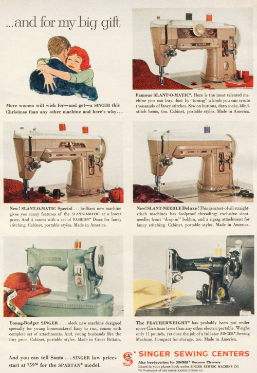 misforgotten2:

Sewing machines are like magnets, nobody really knows how they work.Every Women’s Family Circle December 1959


“And for my big gift”?Aren’t “big gifts” like sewing machines a direct cause of women gifting themselves Hitachis? #vintage ad#vintage ads#christmas ad#xmas ad#sewing machine#Singer#1959#1950s#1950s#1950s ad#christmas gifts #not so much these days