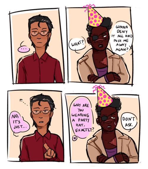 A four panel comic. The first panel is Nureyev looking forward with a blank, bewildered expression. The second panel is Juno, who is wearing a pink and yellow party hat, with his arms crossed. His speech bubbles say, "What? Gonna deny it all and push me away again?". In the third panel, Nureyev points a finger upward and says, "No, it's just...". In the last panel, Nureyev's dialogue continues with, "Why are you wearing a party hat, exactly?" and Juno looks embarrassed and says, "Don't ask."