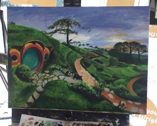 Work in progress. Still working on the trees and and the hobbit hole + some highlighting work requir