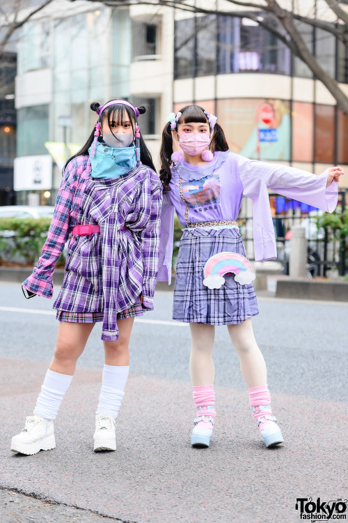 Japanese high school students Moma and Saranrappu on the street in Harajuku wearing kawaii styles by