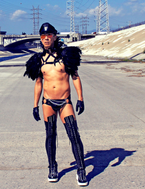markarteaga:  Page 23 “Category is….Leather, Feathers and the Derrière” 665 leather biker cap, sunglasses from The Grove’s Los Angeles Shades, Laveder Faye feather capelet, Mad Elephant Shop harness, John W. Nordstrom leather gloves, Gregg Homme