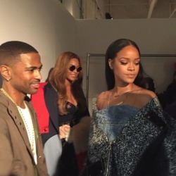 eastsidemami:hellyeahrihannafenty:  Rihanna, Beyonce &amp; Big Sean at Kanye West x Adidas Fashion Show   $$$