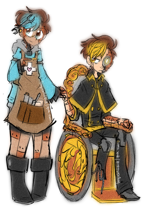 Steampunk AU fullbody designs for the automatons! I know I wanted Deceit to have his legs back but I