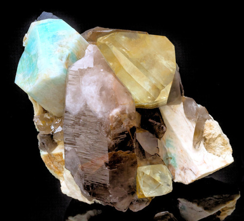 hematitehearts:  Topaz & Amazonite on Smoky QuartzLocality:  Klein Spitzkopje granite stock, Spitzkopje Area, Karibib, Erongo Region, Namibia.  Size:    11.5 cm by 13.8 cm by 8.4 cm  