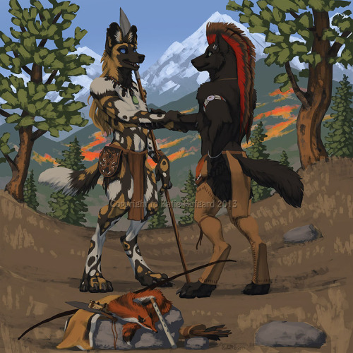 eskiworks:  Full illustration commission done for Smokepaw and Utunu!  Utunu (African Wild Dog) has traveled a long way from African to meet with his long time friend Smokepaw (Wolf) in the Rocky Mountains to trade a few special items. The day is crisp
