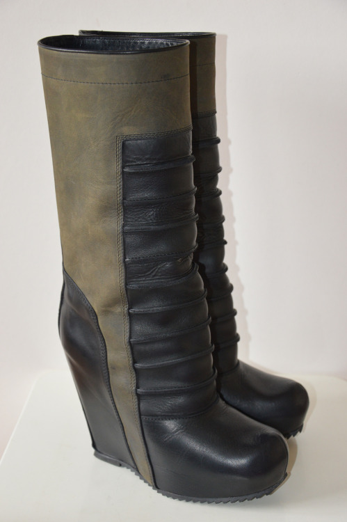 RICK OWENS Black Paneled Leather Wedge Calf Boots Shop HERE