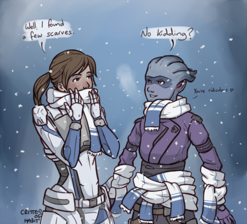 critter-of-habit:Voeld is like -50c and Peebee is running around with all that skin exposed to the c