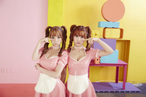 mylatexlarastuff:  theblacklist-blog:   CocoSori are a Korean pop duo who first came to our attention in 2016 with the release of their first single Dark Circle. The video featured the duo wearing Atsuko Kudo Latex maids’ uniforms in pink and turquoise