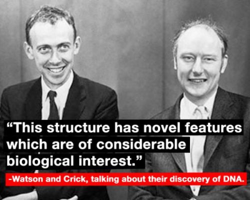biolological:  newbyoes:  The greatest understatements of all time     Also Watson and Crick didn’t discover DNA so much as they used somebody else’s researched without crediting her. 