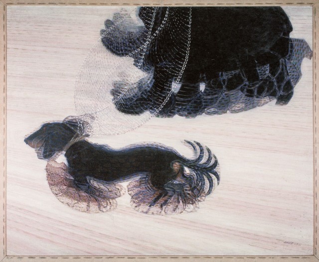 Painting of a black dog on a leash and the owner’s feet in motions.