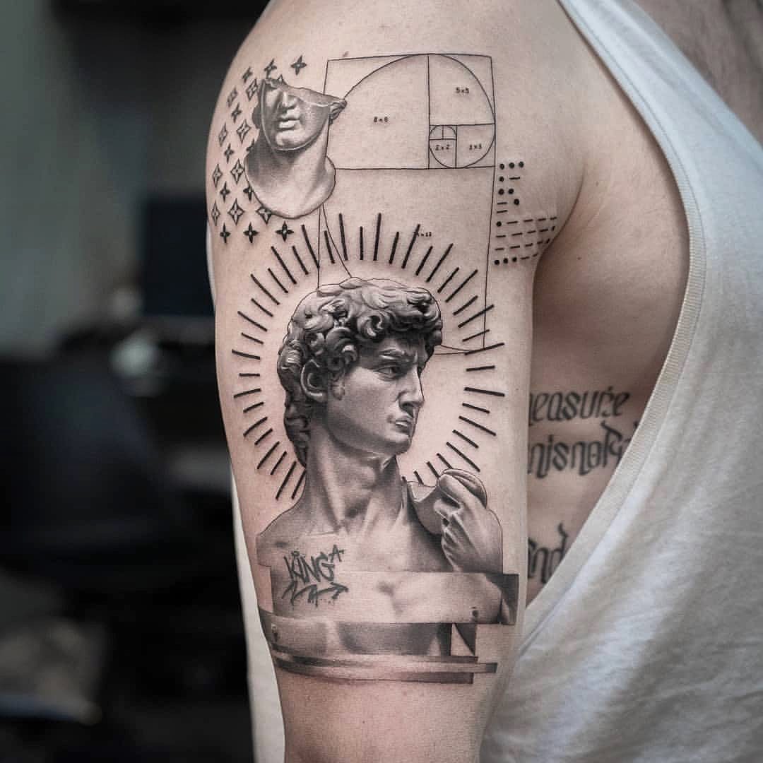 prompthunt tattoo design sketch of the statue of david broken in the  middle in the style of den yakovlev realistic face black and white  realism tattoo hyper realistic highly detailed