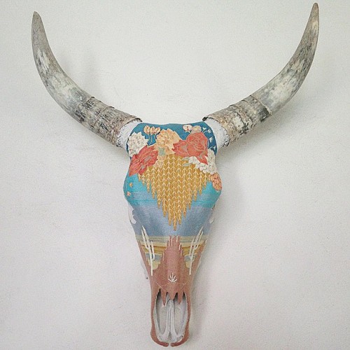 pamelalovenyc: Very special one of a kind commission yarn painted #huichol skull from @evokethespiri