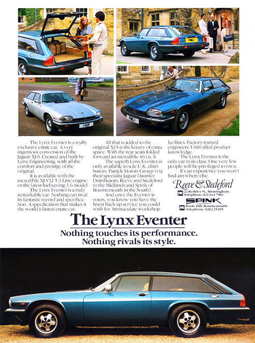 carsthatnevermadeitetc:
“Lynx Eventer, 1983. A shooting brake version of the Jaguar XJS coachbuilt by Lynx Engineering. Conversions took place between 1983 and 2002 by only 67 were made
”