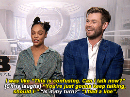 jason-todds:Chris Hemsworth and Tessa Thompson discuss their dynamic and working together during the