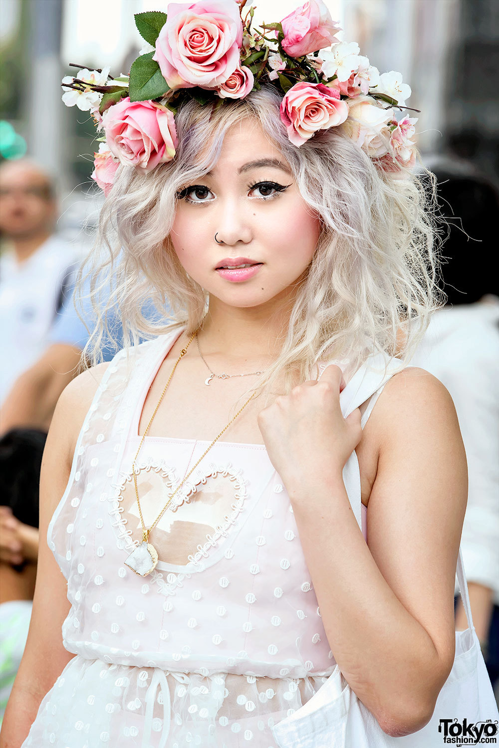 tokyo-fashion:  Shelly on the street in Harajuku wearing a flower crown with a sheer