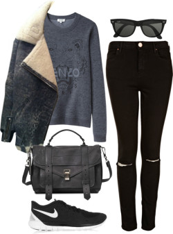 pocahontesoutfits:  Untitled #500 by pocahontees featuring cotton pulloversKenzo cotton pullover / Coat / Topshop high waisted ripped skinny jeans / NIKE sneaker, 贱 / Proenza Schouler leather purse, ũ,875 / Ray-Ban black sunglasses