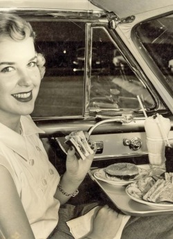theniftyfifties:  Dinner at the drive-in, 1952 