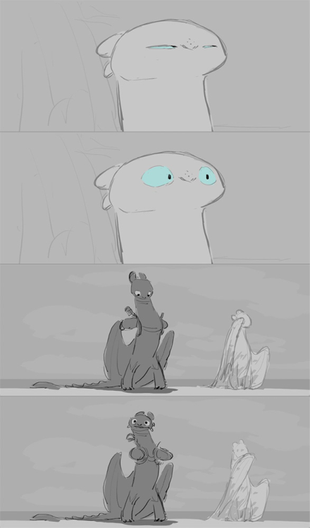 dragonshiddenworld:Check out these original storyboards of Toothless trying to impress the Ligh