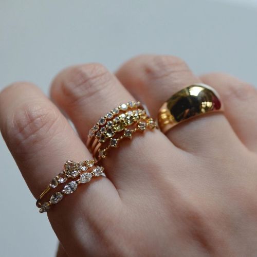 Bold stacks of diamonds paired back to our classic dome ring #recycledgold #ringstack #domering #dia