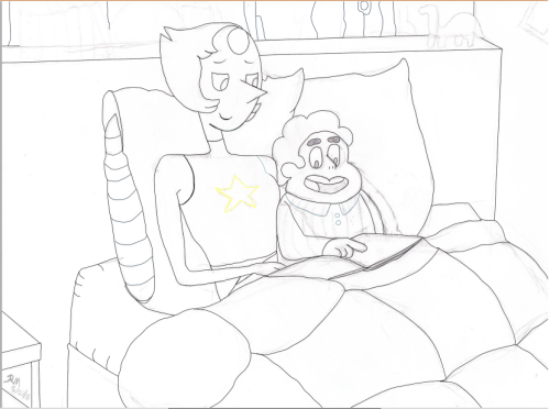 roquereptil:  progress for story time this a birthday present for @pearl-likes-pi the line art i made it on 5/20/16, but right after that the finals weeks started so… yeah just now i had the chance to actually work on it!  i love how pearl ended, steven