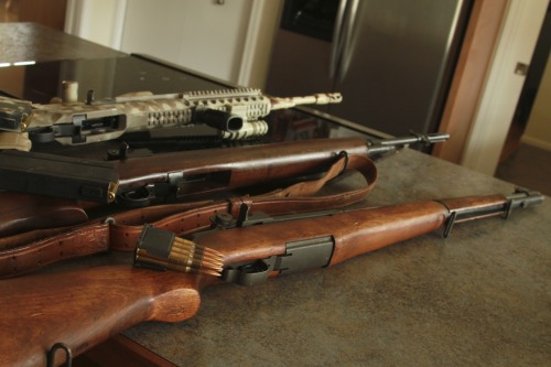 killthechallenge:  Giving some love and TLC to an old little collection: A modern M1A and one of the more original models that made it through much of the Vietnam War, as well as their predecessor, the M1 Garand. 