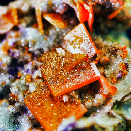 Orange translucent window pane of wulfenite (Pb(MoO4)) with orange mimitite (Pb5(AsO4)3Cl) and purpl