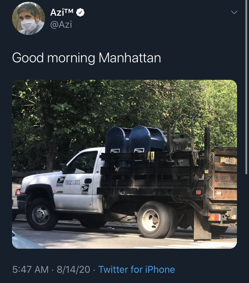 chismosite:8.16.20. USAIn major cities across the country, mailboxes are being removed or locked. 👆🏼At the same time, FedEx is halting deliveries to Black neighborhoods in Chicago.The new changes come from Trump’s appointed Postmaster General,