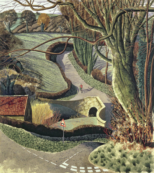 s0irenic:Ancient Lane. Cycling Home, 1996  Watercolour, ink and gouache on paper  -  Simon Palmer