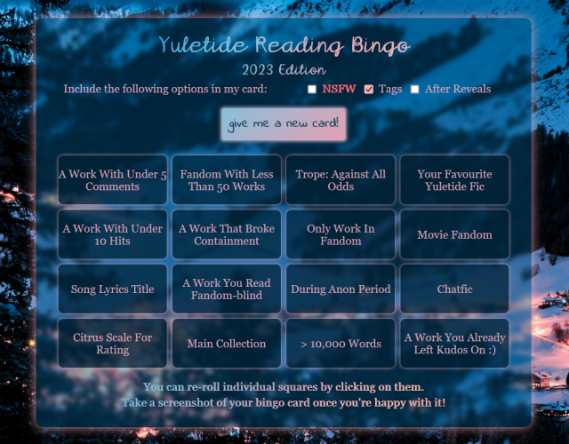 example screenshot of the desktop version bingo card