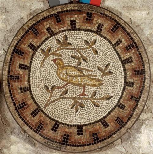 ancientanimalart: Bird and three olive branches (oiseau et trois rameaux d'olivier) 307-425 CE mosai